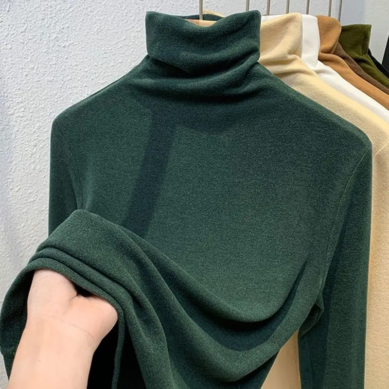 

Winter New High Neck Elegant Fashion Long Sleeved T-shirts Warm Thin Turtleneck Soft Tops Women Solid Color Tees Femme T263