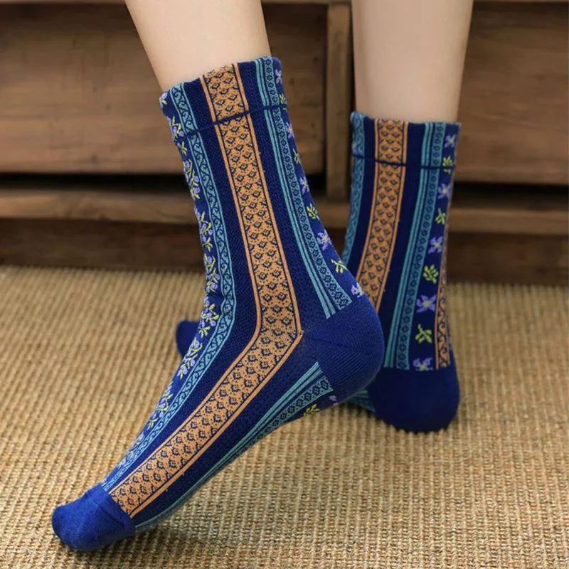 5 Pairs Ethnic Style Long Socks Women Fashion Cycling Cotton Winter Socks Cute Print Foot Cover Sexy Japan Designer Socks Woman