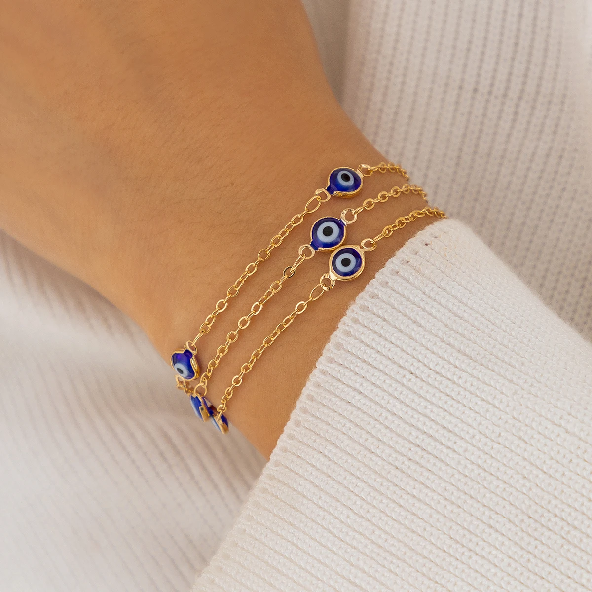 

PuRui Simple Turkish Blue Lucky Eye Charm Bracelet Gold Color Adjustable Copper Chain Bangles for Women Jewelry Wedding Party