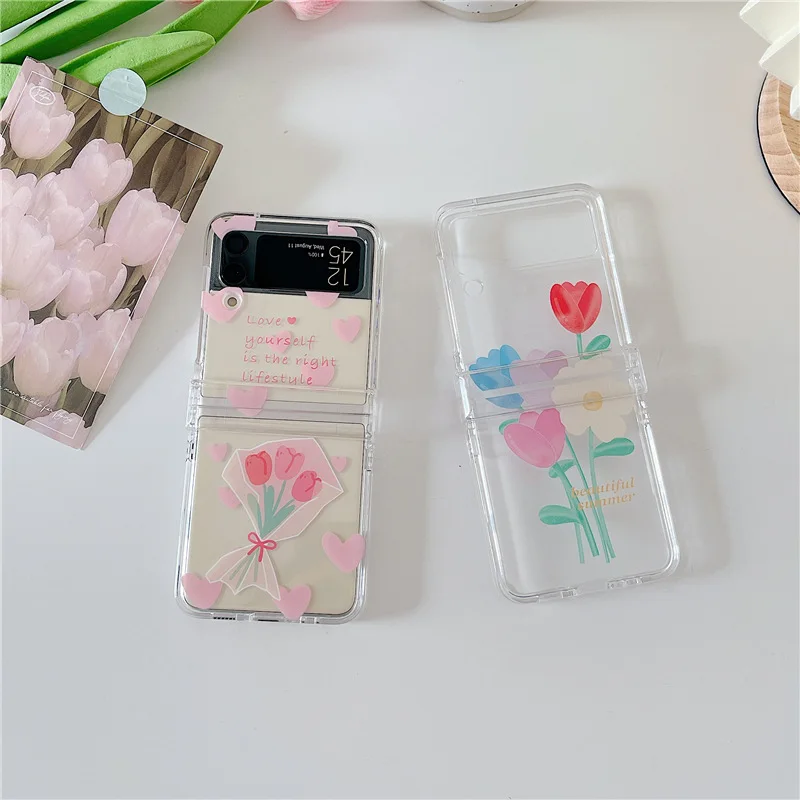 

Cartoon Tulip Bouquet Transparent Phone Case for Samsung Galaxy Z Flip 4 3 Hard Cover for ZFlip3 Zflip4 Solid Shell Bracket
