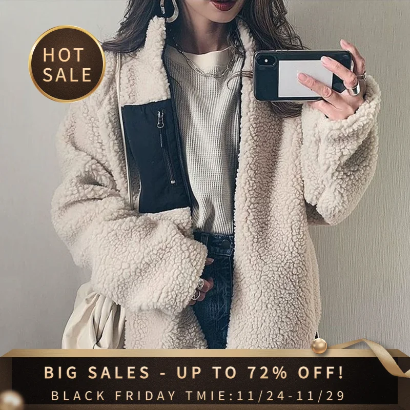 

2022 New Patchwork Women Winter Jacket Color Block Zipper Long Sleeve Lapel Thicken Solid Color Fashion Office Lady Jackets Hot