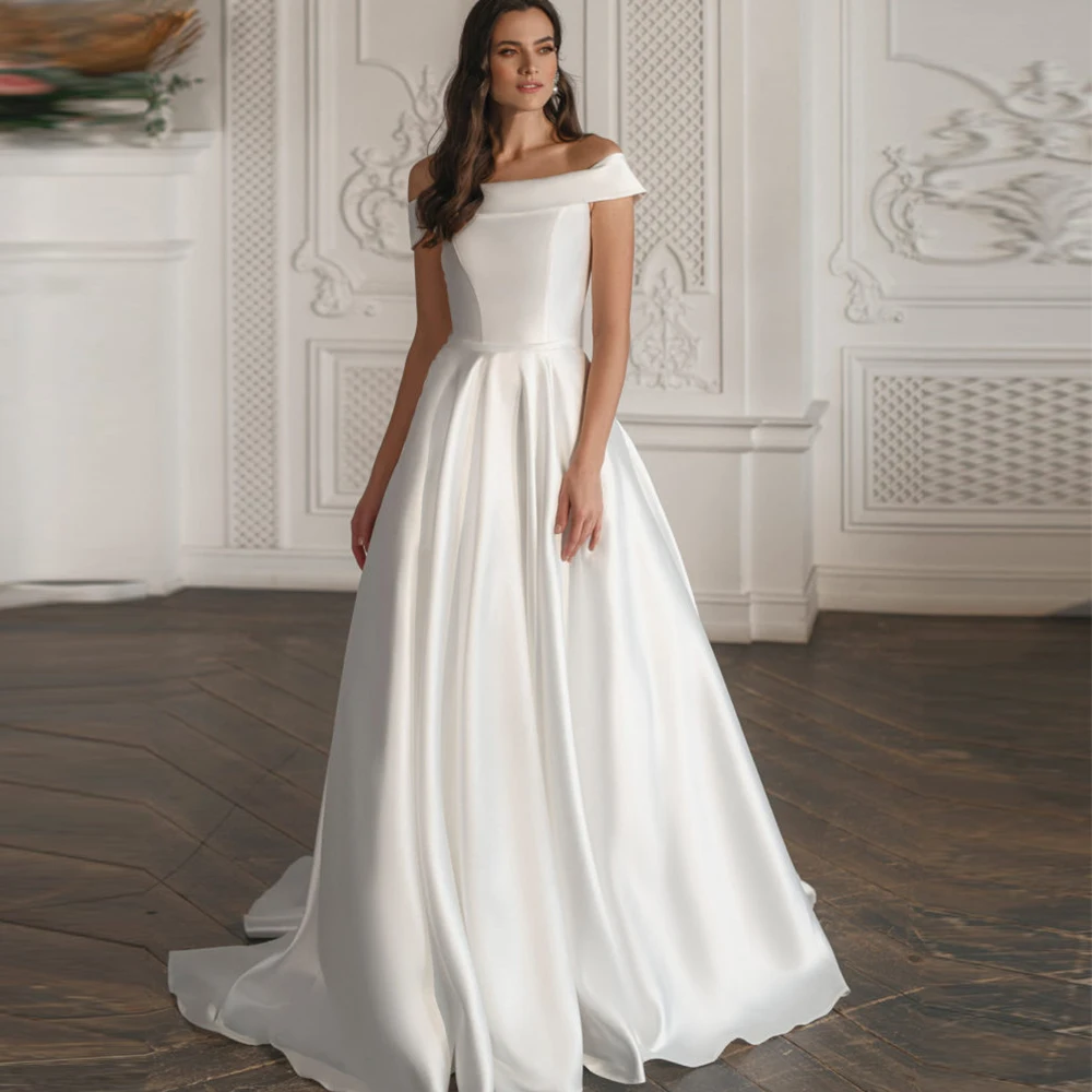 

Satin Wedding Dress For Bride 2022 Off The Shoulder Boat Neck Sleeveless Bridal Gowns Simple A-Line Vestido De Noiva Custom Made