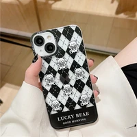 cute checkerboard bear transparent phone case for iphone 13 11 12 pro max x xr xs max mini 7 8plus shockproof cartoon soft cover