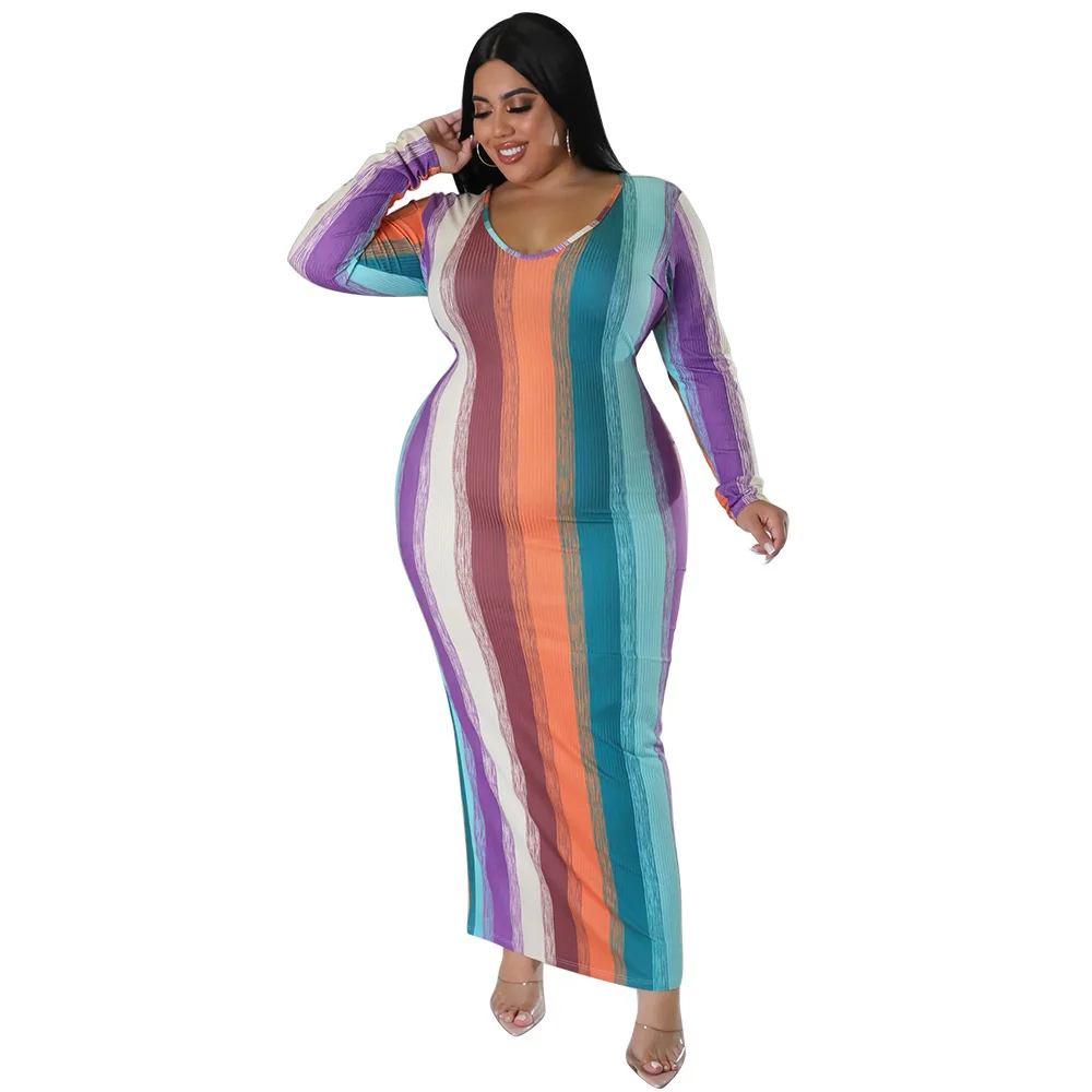 

Женское платье в радужную полоску, вечерние длинным рукавом и V-образным вырезом