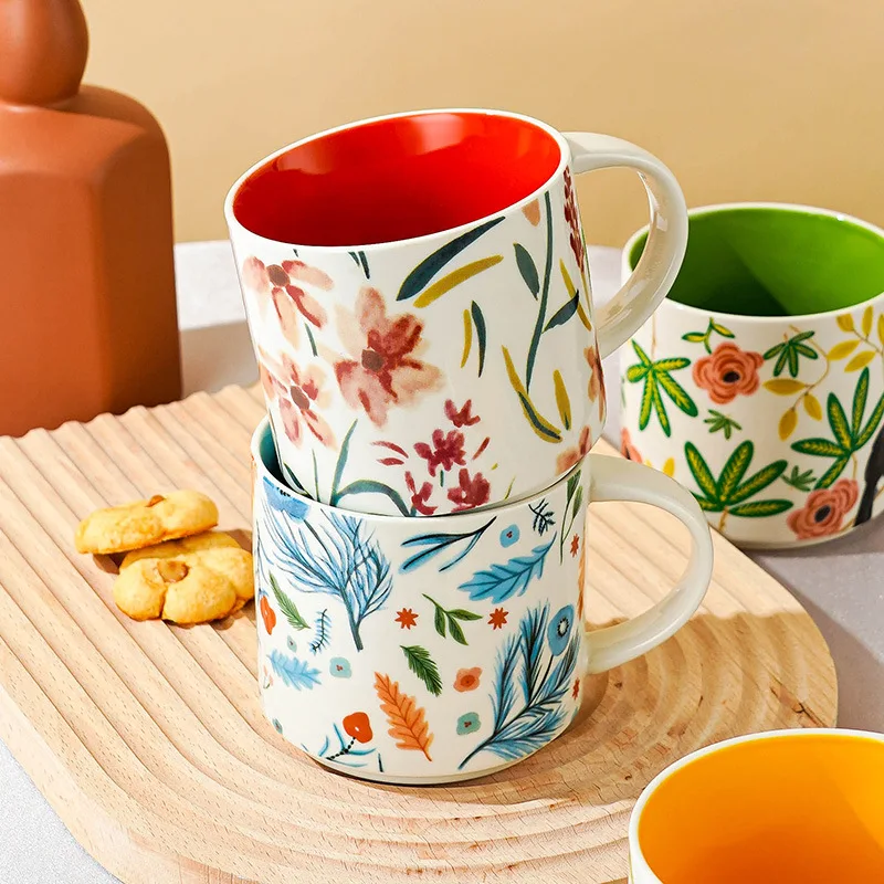 

450ml Large Capacity Flower Bird Printed Ceramic Mugs Vintage Heat Resistant Handgrip Milk Breakfast Cups Drinkware Gifts
