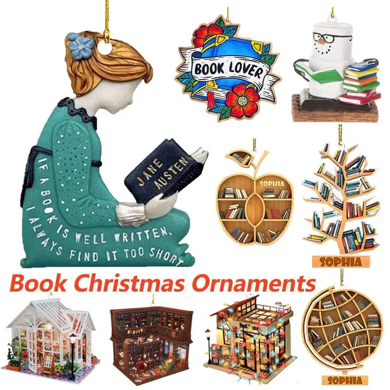

Book Christmas Ornaments Hanging Tree Decorations 2D Acrylic Bookshelf Pendant Book Gifts Christmas Decorations For Boys Girls