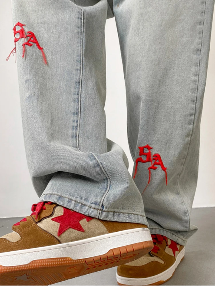 Embroidery Style Y2k Men's Jeans Straight Spoken Fashion Casual Long Pants Hip -hop Boyfriend Wind Jeans Street Clothing Denim