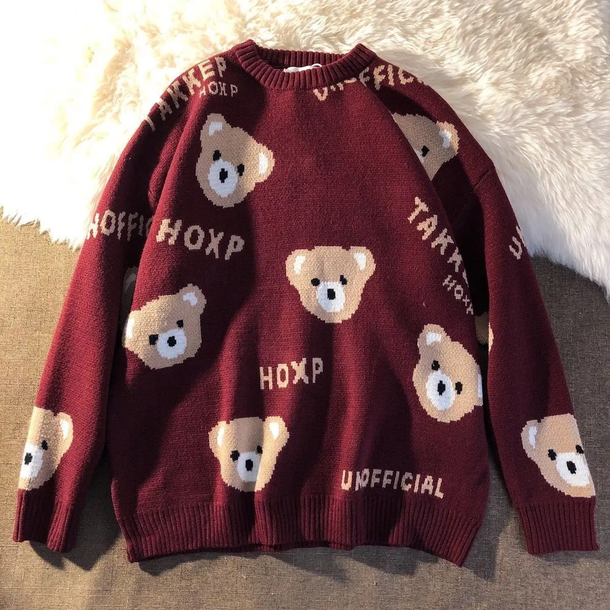 

Cute Bear Wine Red Sweater Spring Couple Outfit Loose Wild Sweet Pullover Sweater for Men and Women 2021 Net Red Sweater Kawaii
