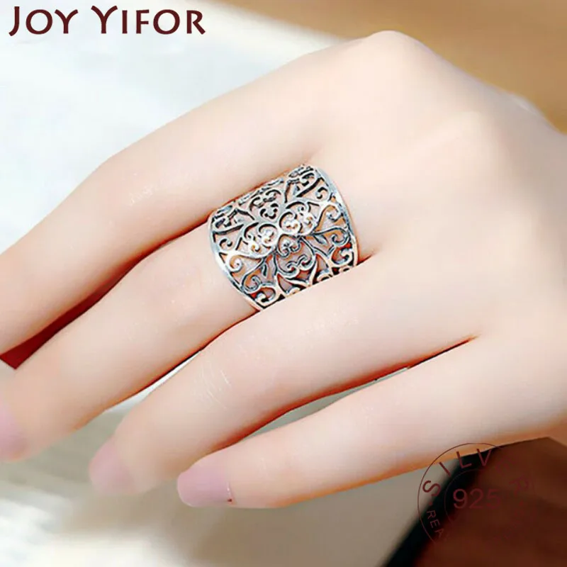 

925 Sterling Silver Width Rings for Women Creative Vintage Handmade Hollow Flowers Thai Silver Birthday Party Jewelry