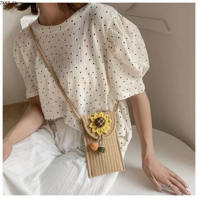

Cotton and Hemp Woven Mobile Phone Bag New Summer Crossbody Cellphone Bag Sunflowers Shoulder Bag Woven Coin Purse