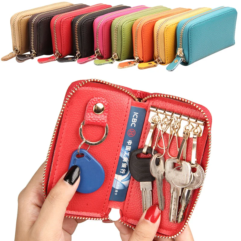 Fashion Simple Key Holder Genuine Leather Wallet Unisex Solid Key Wallet Organizer Bag Car Housekeeper Wallet Card Holder images - 6