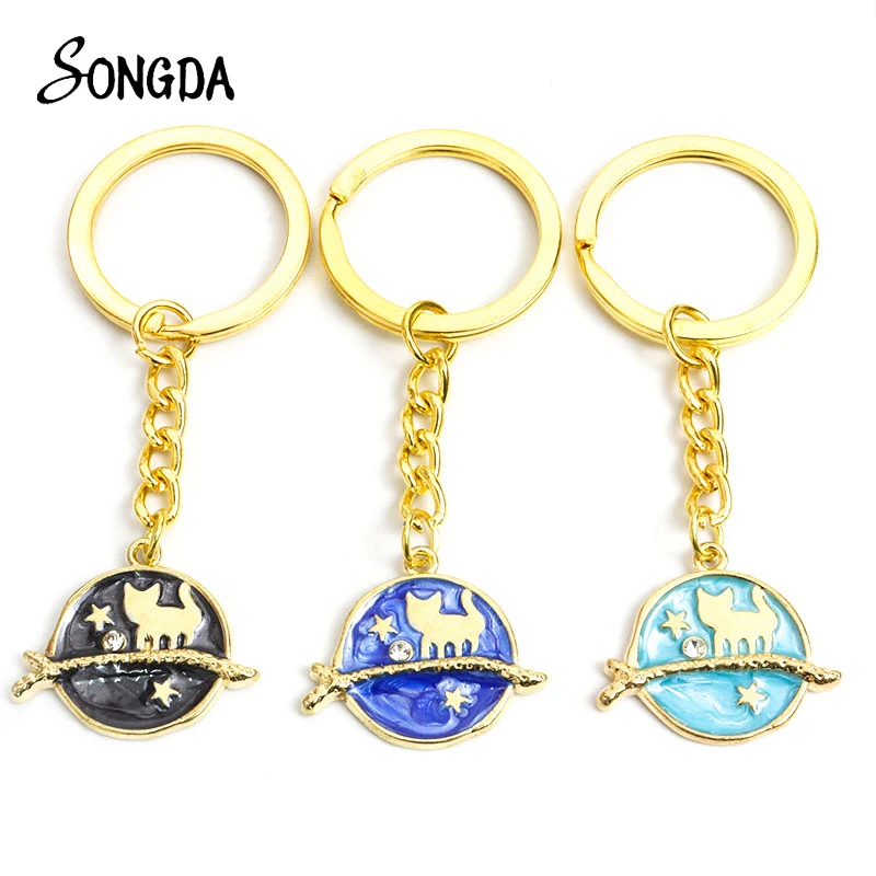 

Starry Cat Keychain Cartoon Cute Kitty Planet Key Chain Zinc Alloy Metal Car Bag Pendant Accessories Jewelry Friend Lovers Gift