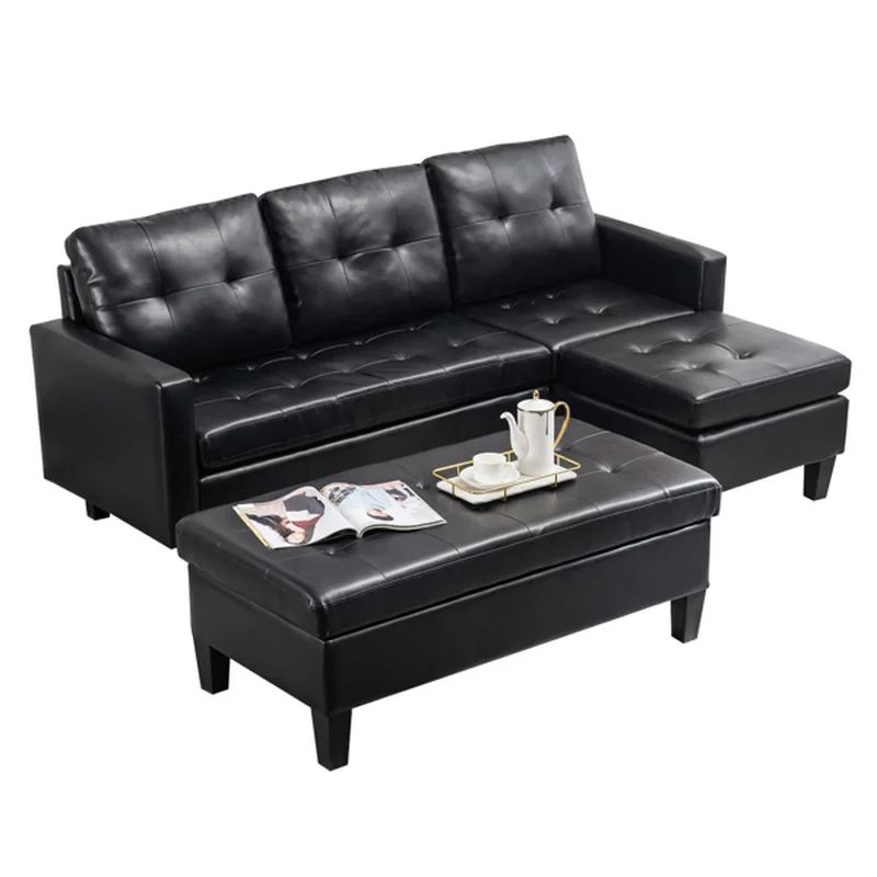 

L-shaped Disassembly Backrest Pull Point Variable Combination Three-person Indoor Sofa Solid Wood Soft Bag PU 194*67*83cm Black