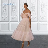 off shoulder short prom dresses 2022 with tiered skirt a line tea length party dresses pleated tulle formal evening gowns