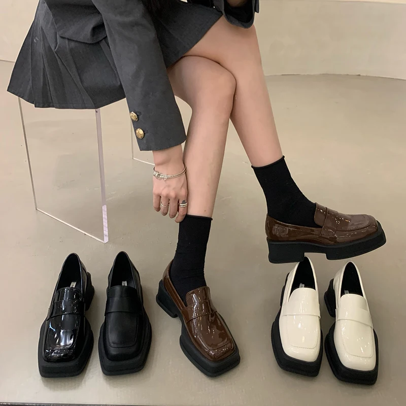 

Platform Oxfords Women's Shoes Women Heels Lolita shoes School Uniform Student Girls Kawaii Square Toe Leather Shoes