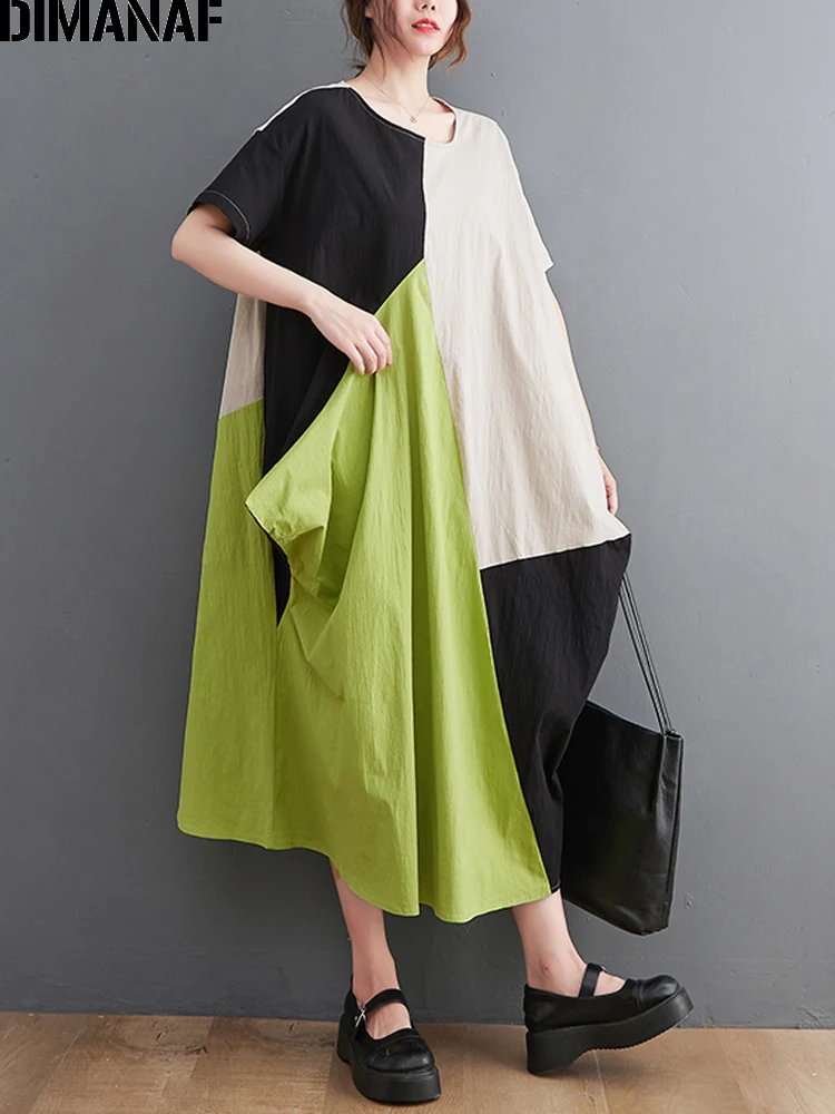 

DIMANAF Summer Women Dress Loose Oversized Casual Cotton Linen Spliced Vintage Elegant Lady Maxi Long Dress Clothing 2022