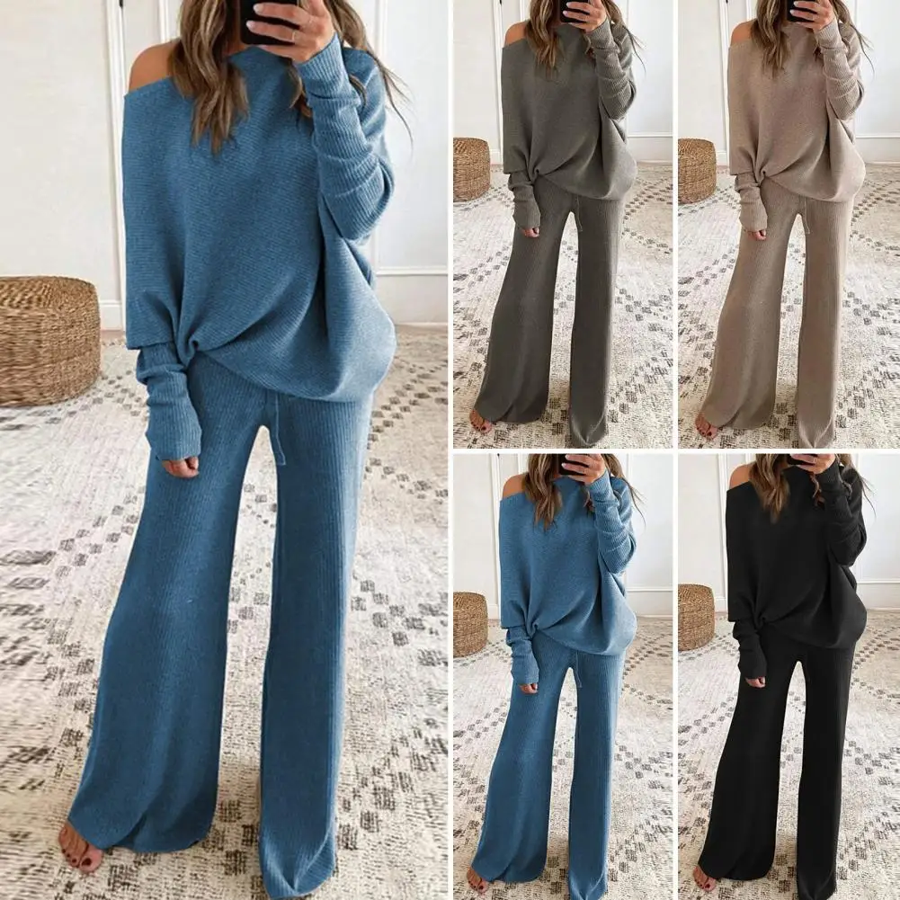 

2Pcs Women Tracksuit Solid Color Round Neck Long Sleeves Loose Pullover Soft Casual Wide Leg Female Top Pants Set for Daily Wear