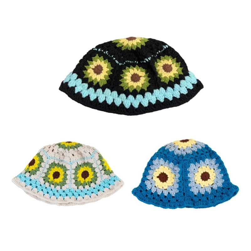 

Summer Fisherman Hat for Woman Weaving Bucket Hat Crochet Flower Wide Brim Cap 264E
