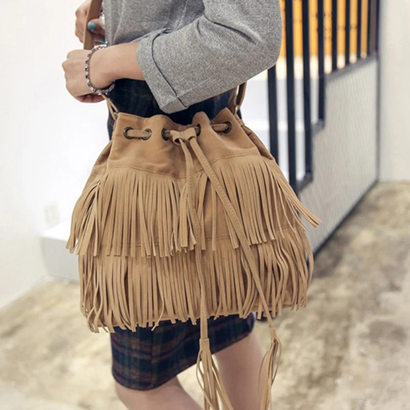 

Fashion Retro Faux Fringe Women Bag Messenger Bag Tassel Shoulder Handbags Drawstring Crossbody Drawstring Bags