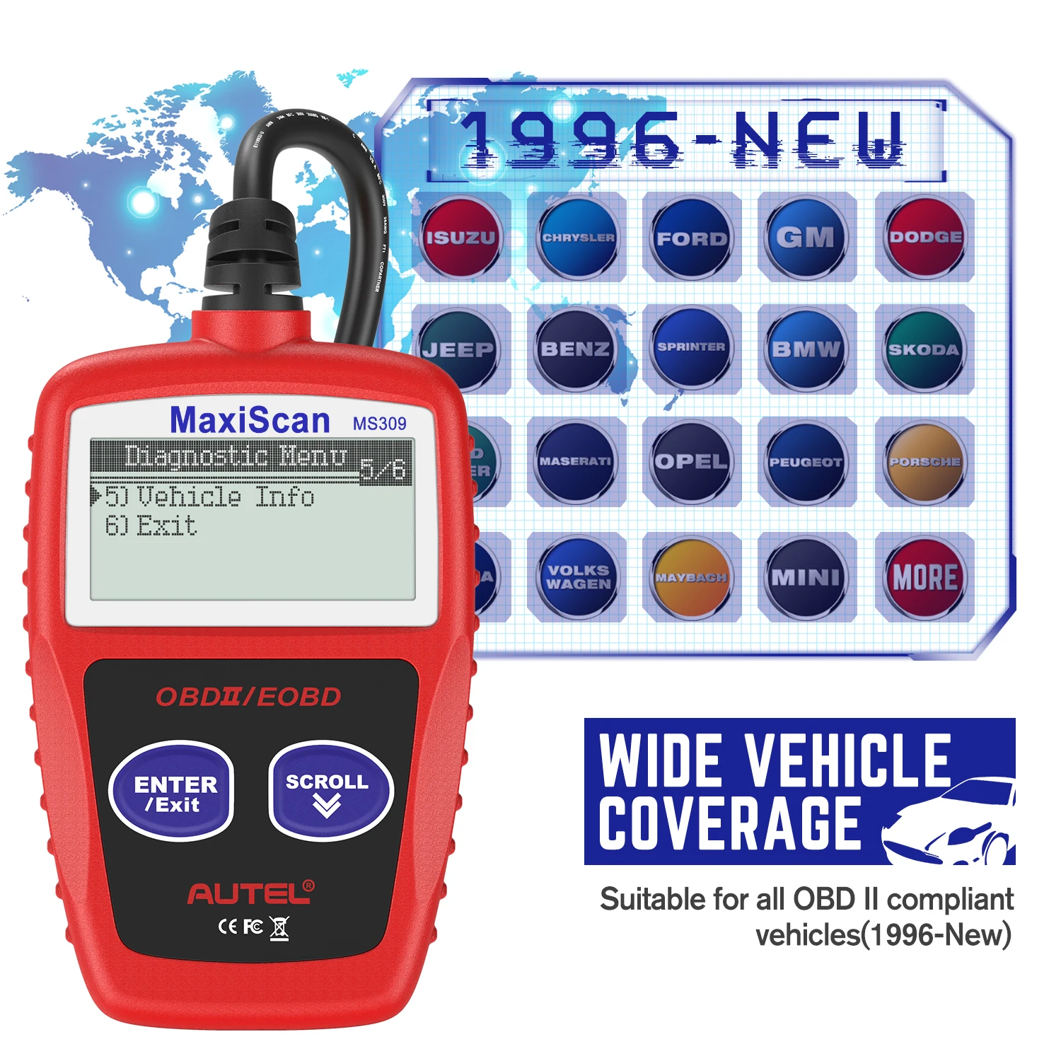 Autel OBD2 сканер MaxiScan MS309 считыватель кодов двигателя выключсветильник
