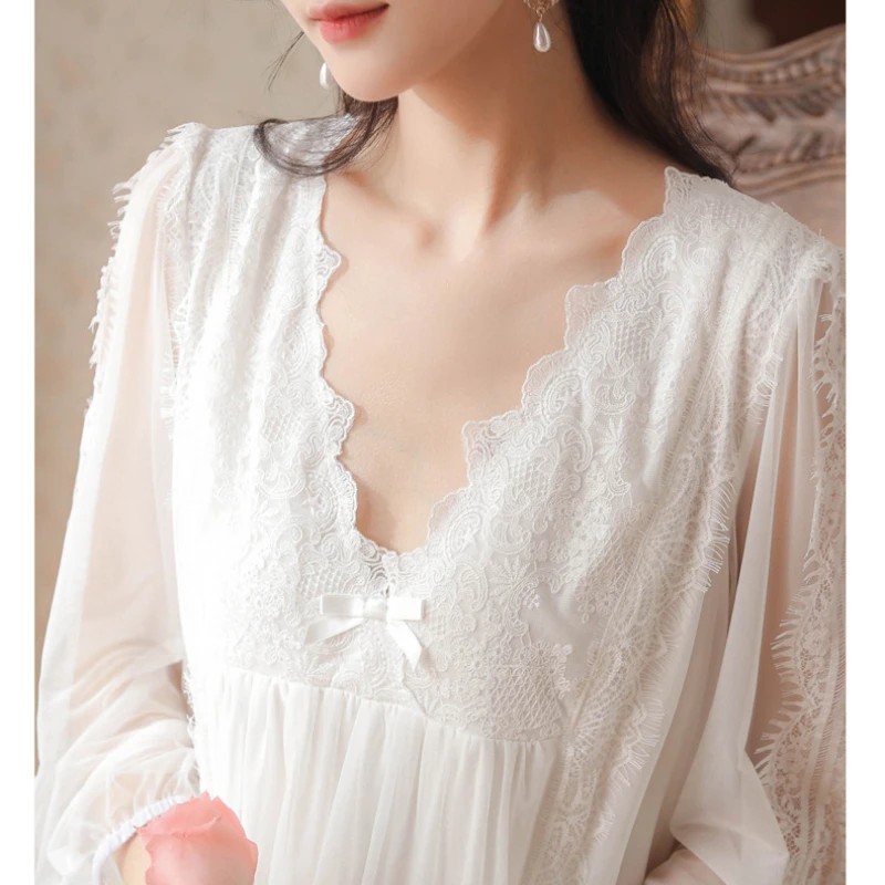 Fairy White Victorian Night Dress Women Spring Autumn Mesh Long Sleeve Sleepwear Princess Sexy Lace Peignoir Vintage Nightgowns