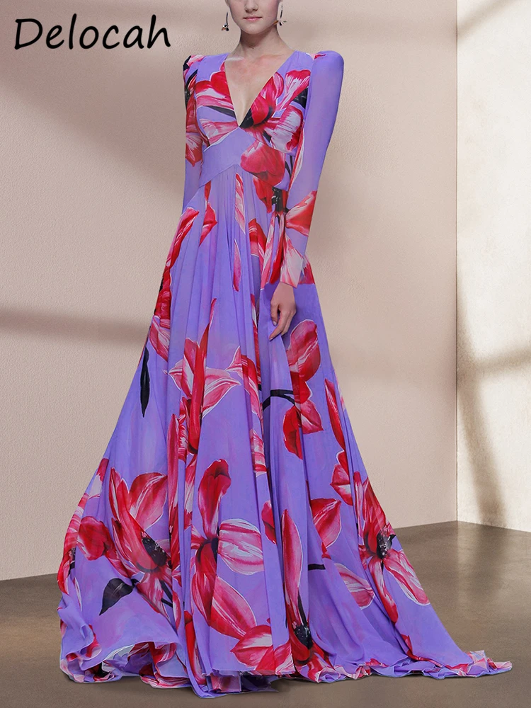 

Delocah высококачественное весеннее женское модное дизайнерское праздничное Макси-платье, сексуальные платья с v-образным вырезом и высокой талией с цветочным принтом