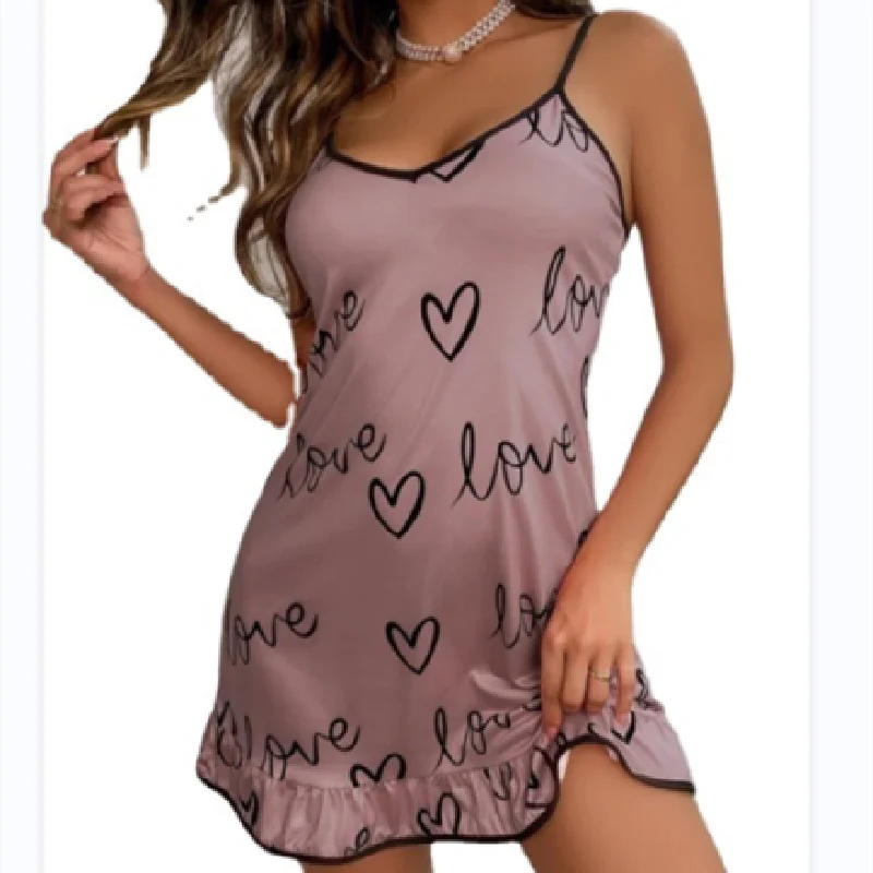 Women's Fashion Sling Satin Nightdress Casual Ruffles Comfortable Loose Lovely Printed Nightwear Lingerie Set Sleeveless 3XL