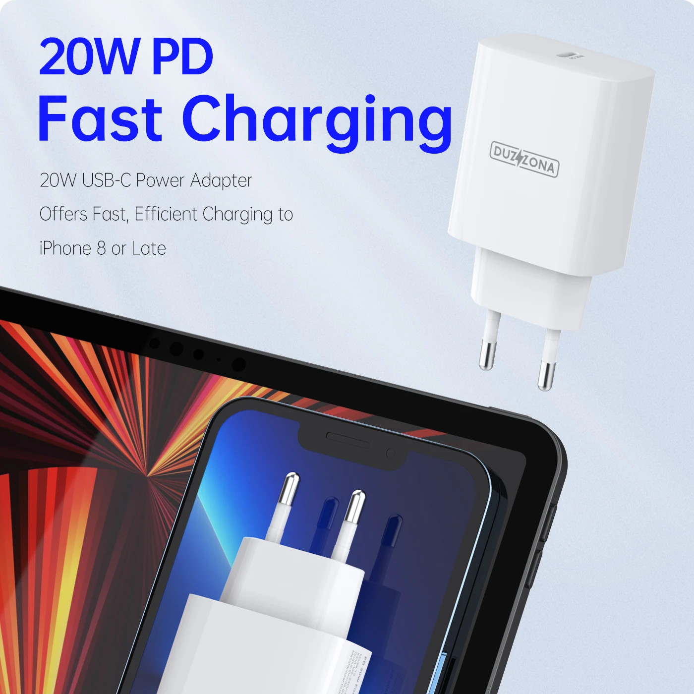 

For iOS iPhone 8-13 iPad Air/Pro/Mini 20W PD Safe Fast Charging Wall Travel Charger EU Adapter for Android Samsung/Huawei/Xiaomi