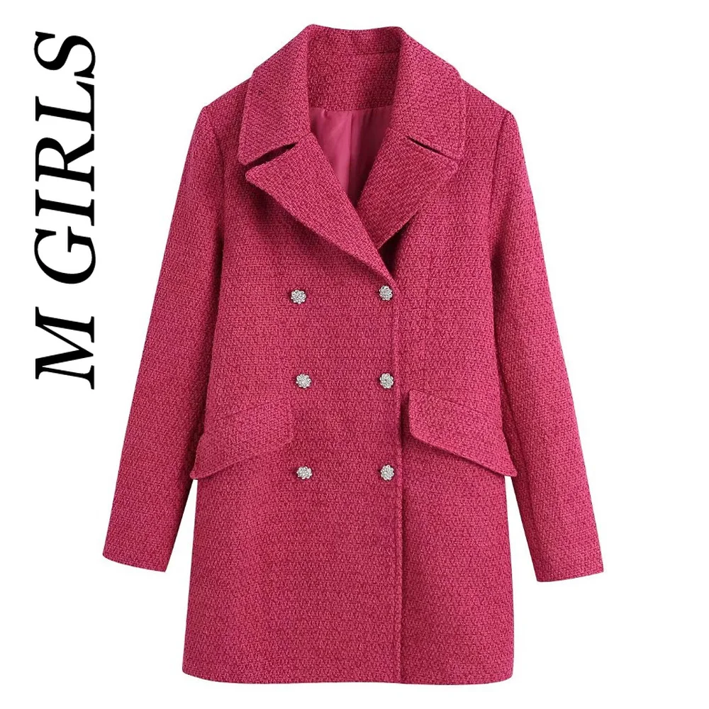 

M GIRLS Women Fashion With Rhinestone Buttons Tweed Coat Vintage Long Sleeve Flap Pockets Female Outerwear Chic Overcoat