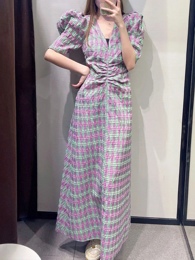 

Zach AiIsa summer new literary simple and versatile V-neck women's plaid sweet printed puff sleeves casual holiday wear