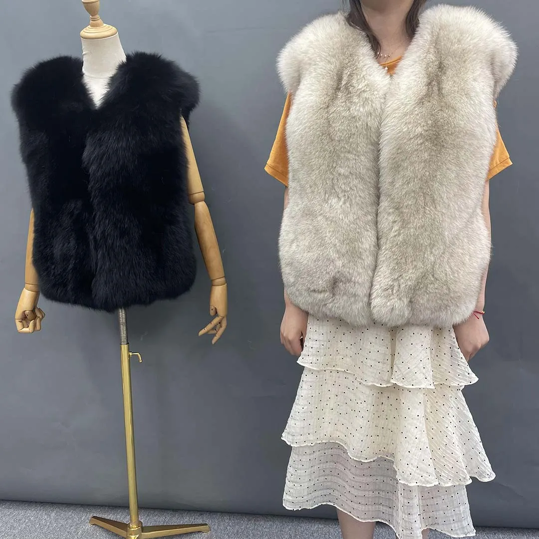 

Winter Whole Skin Fox Fur Vest Solid Color Fox Fur Coat Women Sleeveless Coat