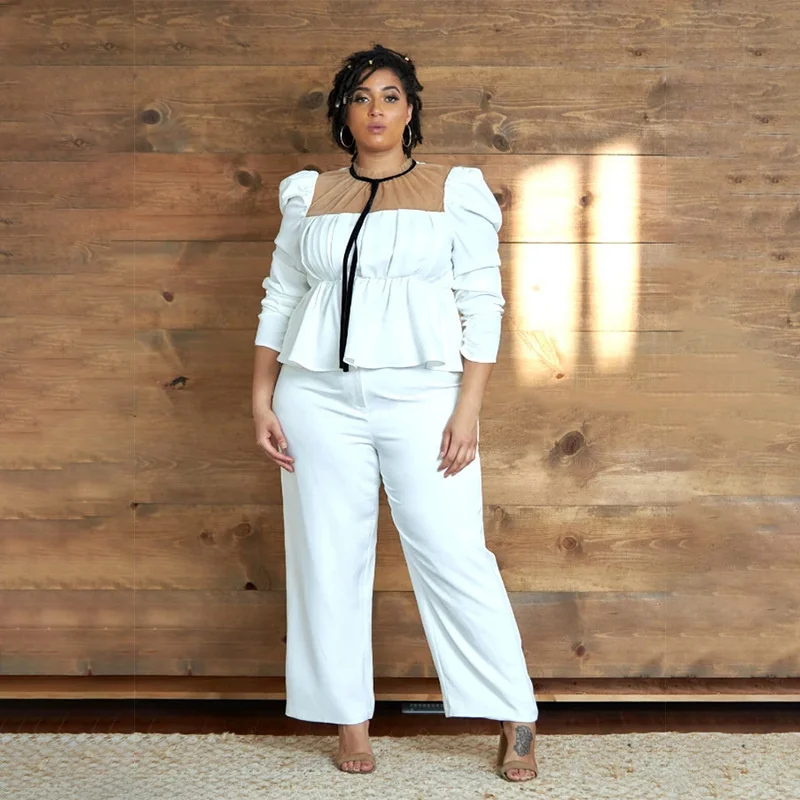 Plus Size Women's Suit New Fashion Large Women's Temperament Splice Mesh Top And Pants White Set Elegant Casual Female Clothes