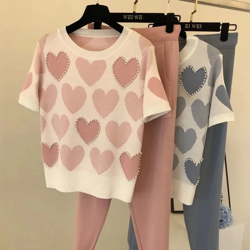 

Korean Beaded Love Printed Knitted Sweet 2 Pcs Women Short Sleeve Beading Sweaters Female Tops+pants Suit Pink Casual Tracksuit