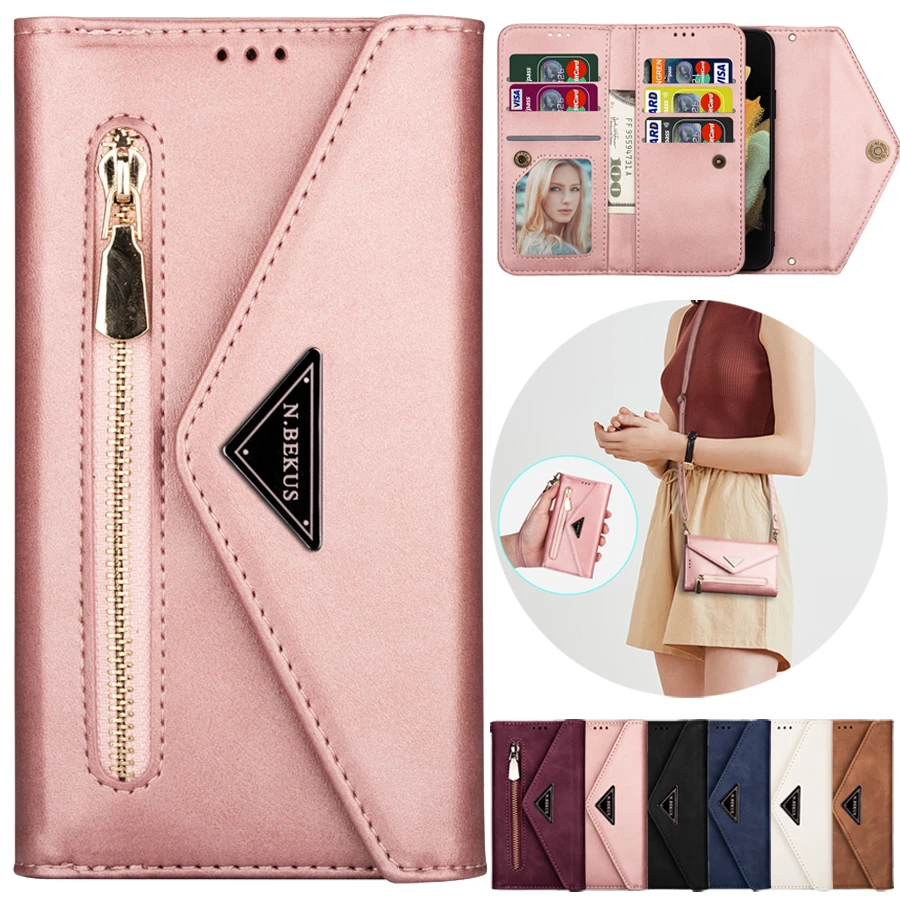 Wallet Zipper Lanyard Leather Case For Samsung Galaxy S23 Ultra S22 S21 Plus S20 FE A13 A14 A31 A32 A33 A51 A52 A53 A54 A71 A72
