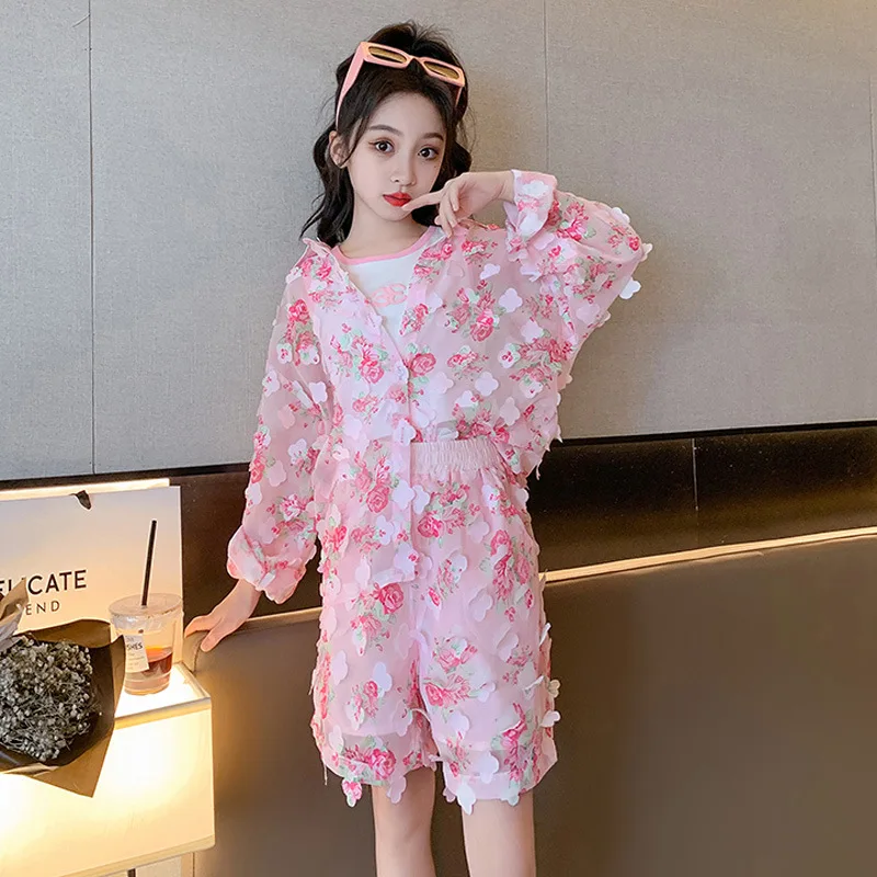 

Комплект летнего платья для девочек, новинка 2023, модная детская одежда, летний комплект из трех предметов для девочек с защитой от солнца и цветов