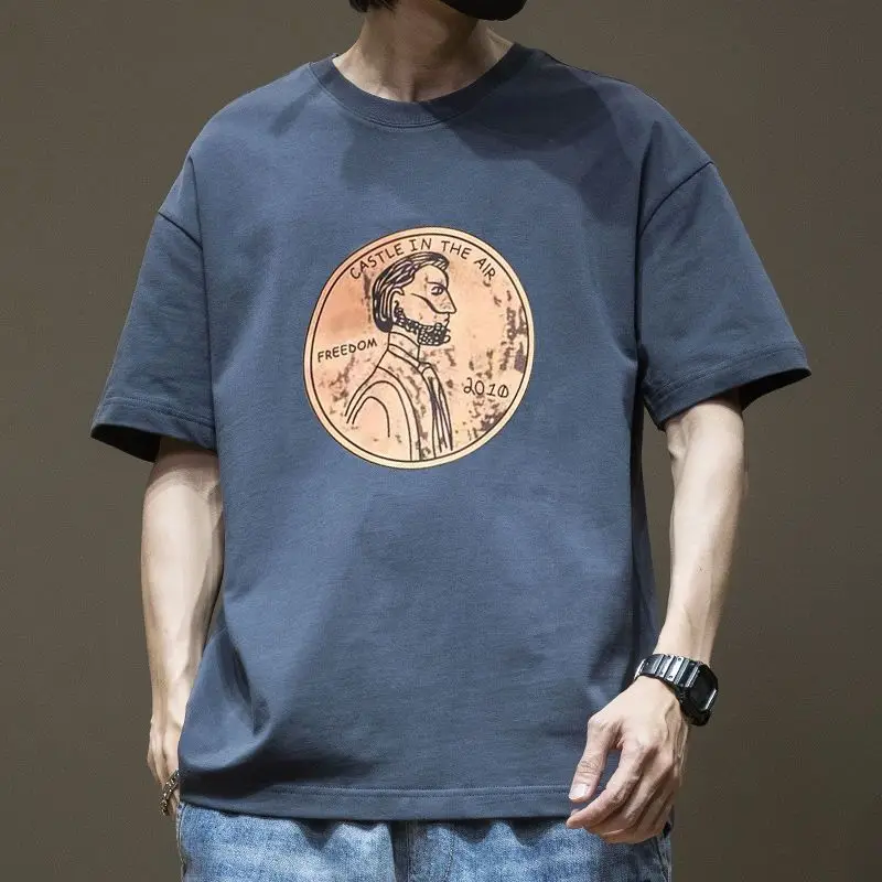 

Футболка мужская оверсайз с коротким рукавом, модная Тяжелая хлопковая тенниска в американском и британском стиле, повседневная майка с принтом, лето