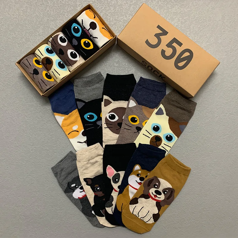 5 Pairs/Box Kawaii Cat Dog Short Socks Cotton Harajuku Summer Pack Soft Fashion Japanese Funny Ankle Gifts for Men Women Socks