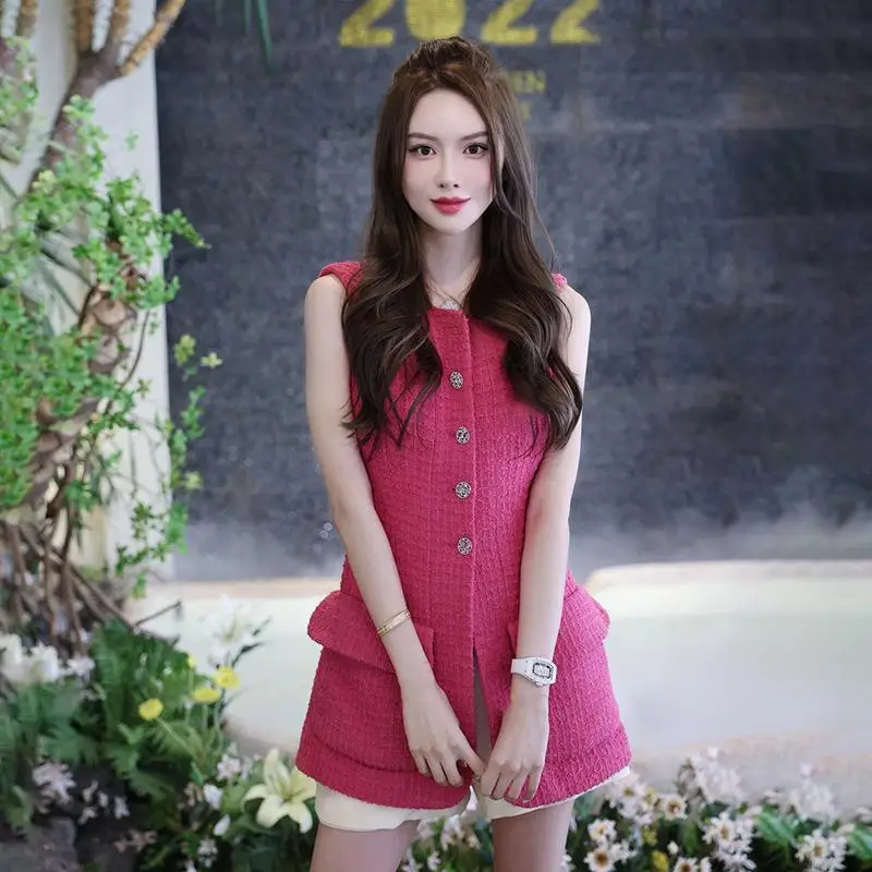 

High Fashion Brand Rose Pink Tweed Sleeveless Dress Fashion Waist Single Breasted Slim Dress Summer Women Party Clothing