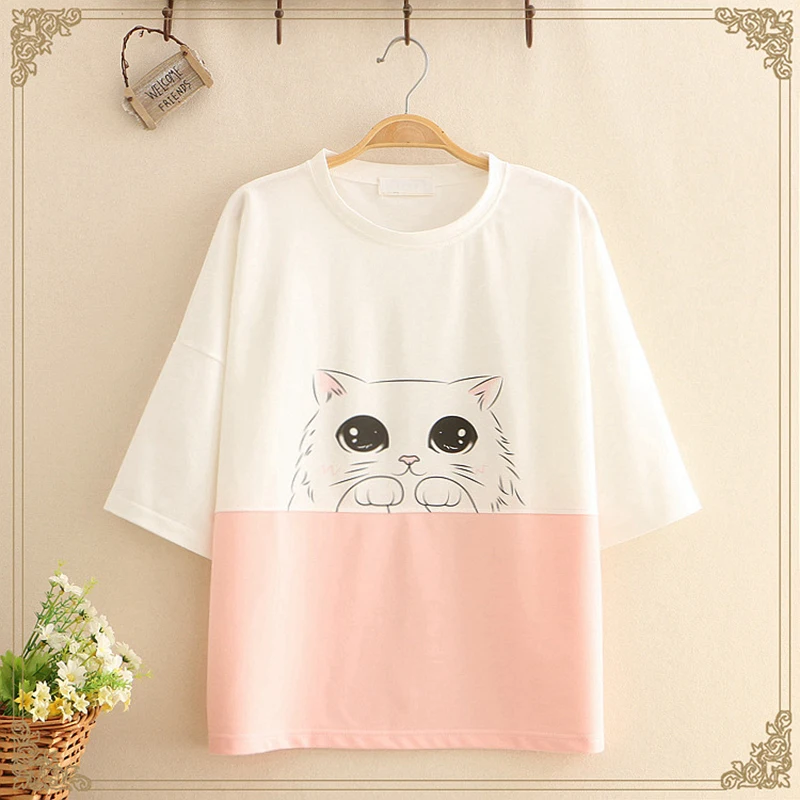 

2022 Japanese Sweet Color Matching Short-sleeved T-shirt Women Blue Pink Cute Pattern Cartoon Cat Print Loose O-neck Female Tops