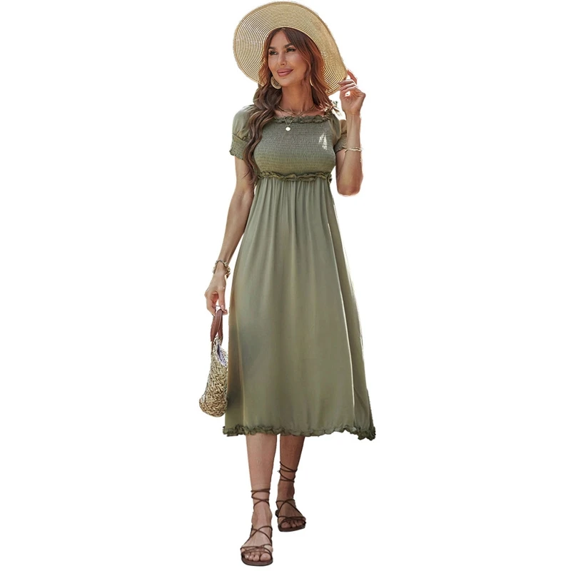 

Women Summer Short Sleeve Square Neck Ruffle Trim Midi Long Dress Shirred Smocked High Waist Flowy Hem A-Line Slim Fit P8DB