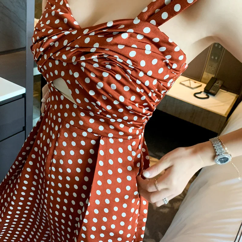 

Holiday Wide-leg Pants Female High Waist Cottagecore Jumpsuit 2021 Women Summer Vintage Sexy Polka Dot Brown Fashion Jumpsuit