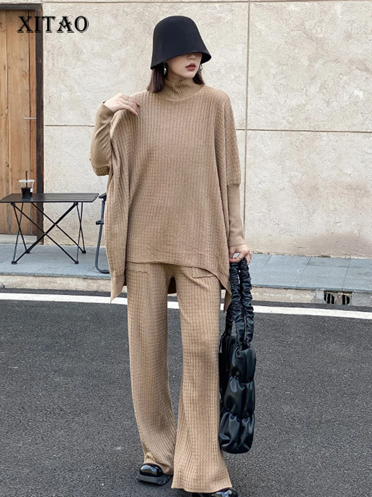 

XITAO Simplicity Pant Sets Knitting Solid Color Full Sleeve Half High Collar Pullover Women Spliced Casual Style WLD13402