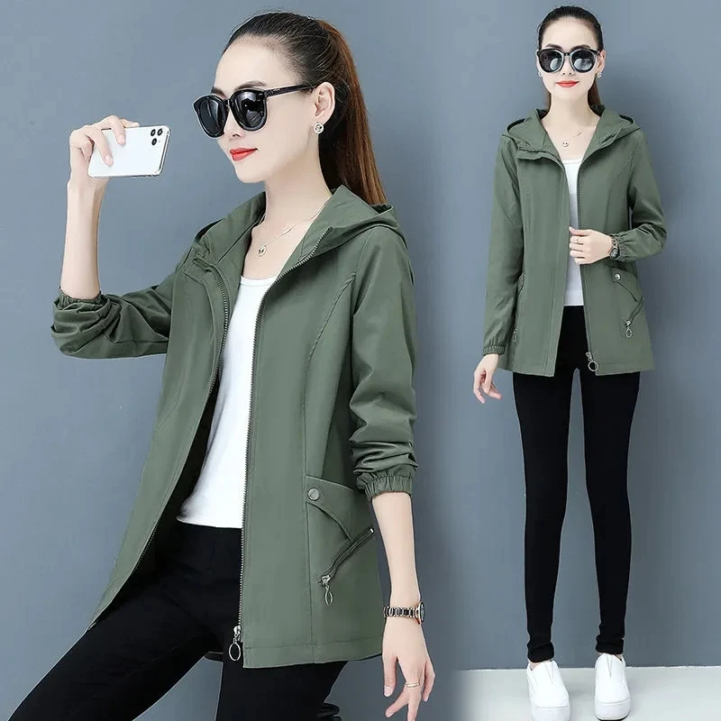 

Spring Autumn Middle-length Windbreakers Women's Casual Loose Trench Coat Army Green Hooded Outwear Tops Zipper Long Sleeve 4XL
