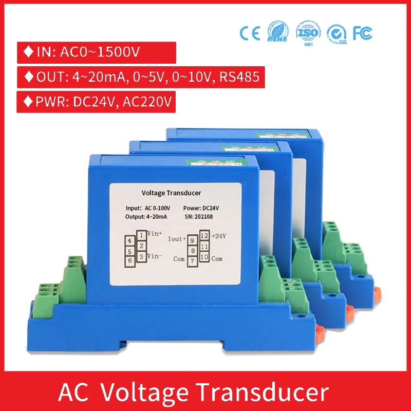 

Single Phase AC Voltage Transmitter 0-1500V Voltage Transducer Analog Output 0-5V 4-20mA AC High Voltage Sensor Transducer