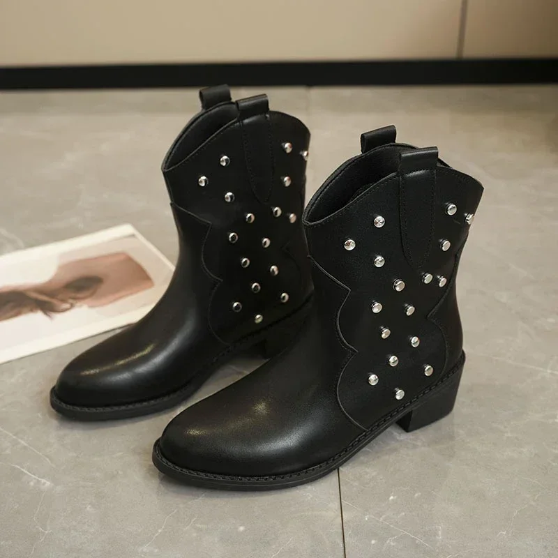 2024 новые женские ботильоны в стиле ретро кожаные ковбойские осенние зимняя обувь