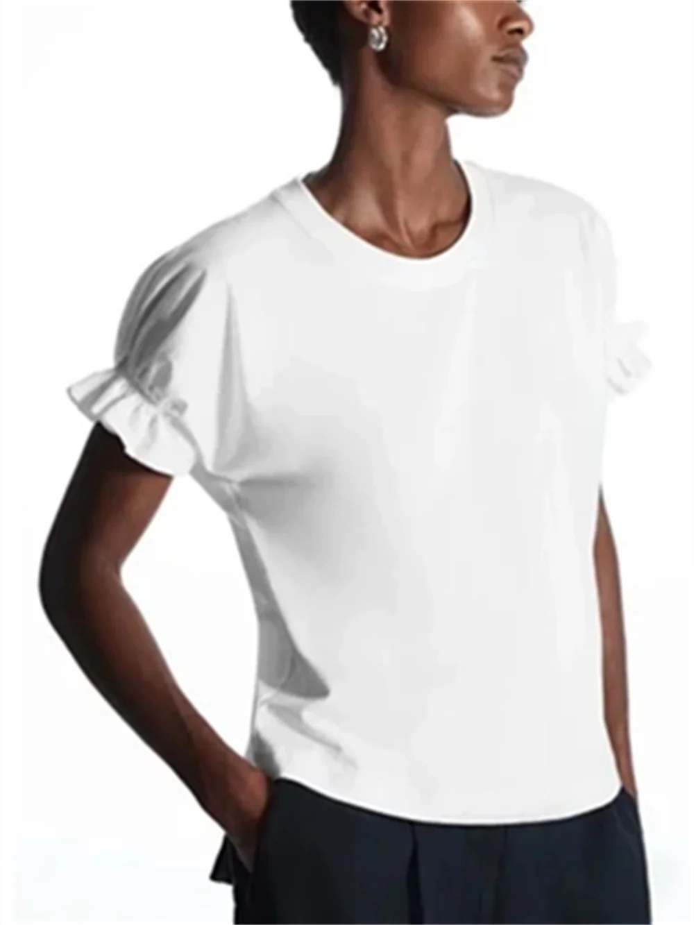 

Женская плиссированная футболка с пузырьковым рукавом, новинка весны 2023, Женская универсальная простая Однотонная футболка с круглым выре...