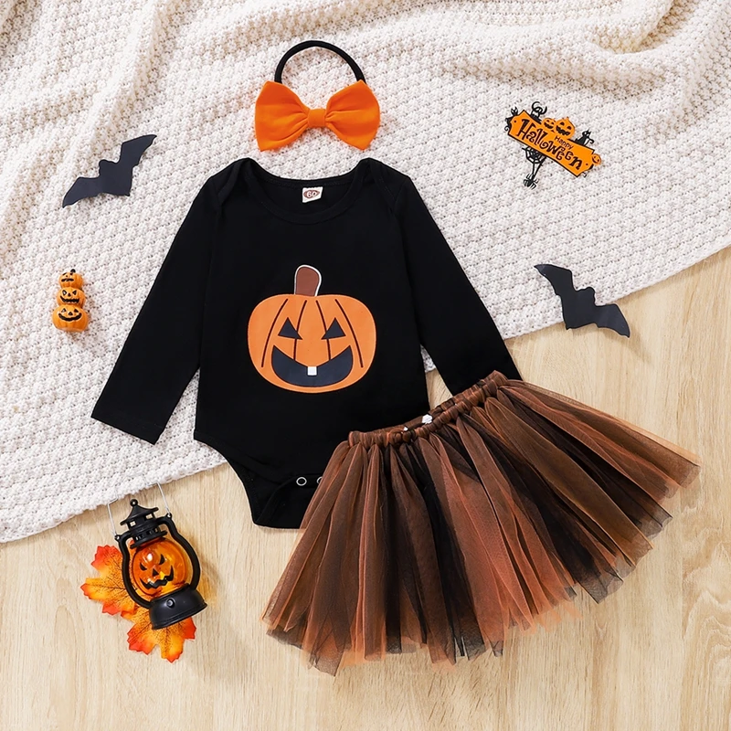 

Newborn Girl Short Skirt Outfits Long Sleeve Pumpkin Printed Romper + Mesh Patchwork Skirt + Cute Headband Set