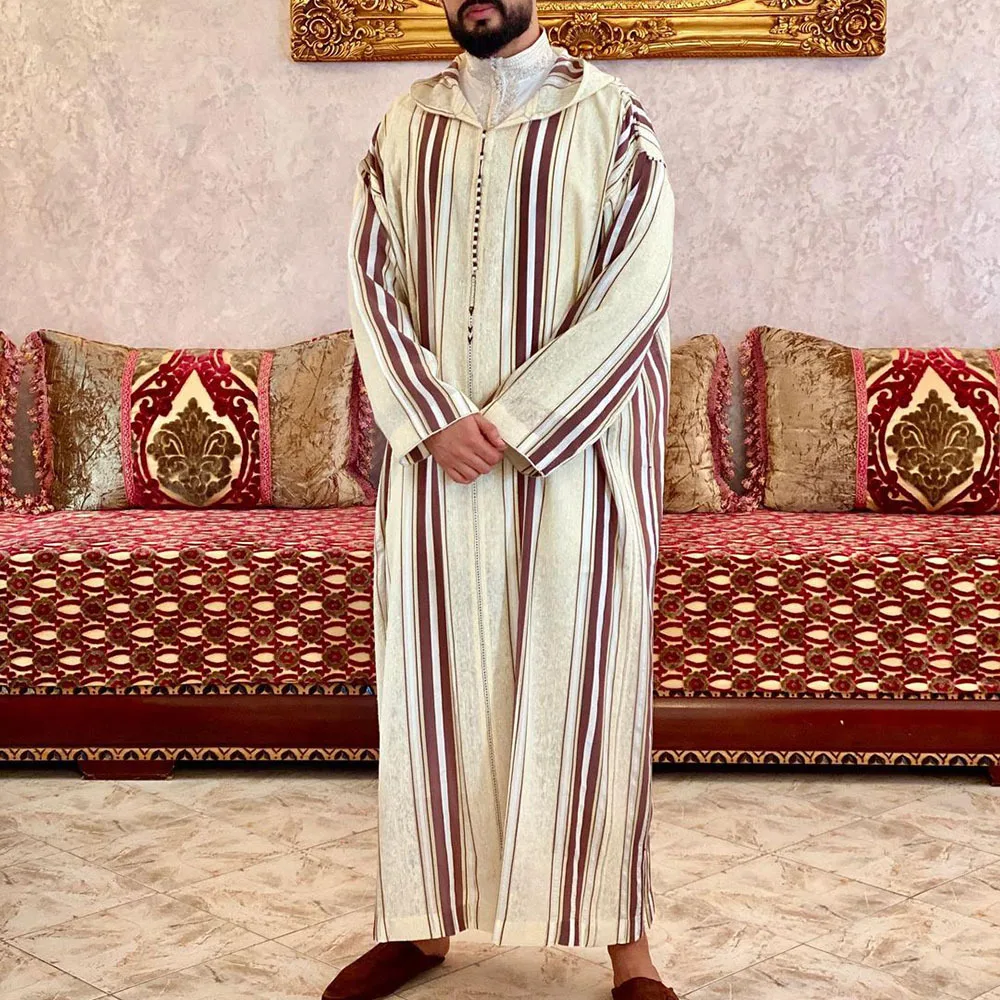 2023 New Spring and Summer Men's Long Shirt Casual Ordinary Beige Muslim Robe Islamic Clothing Stripe Men's Fashion Arabe