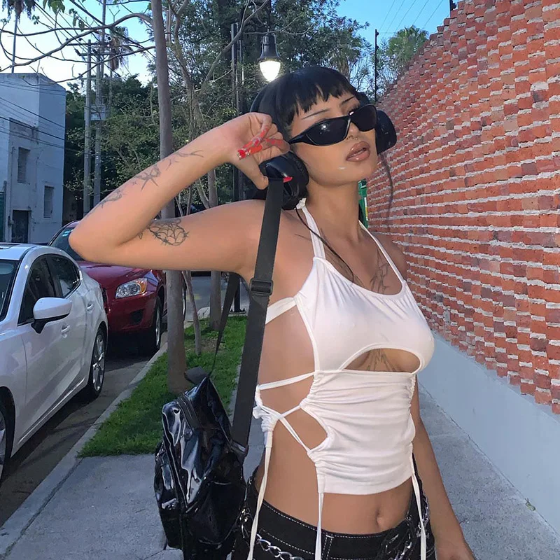 

y2k suspender top 2022 summer new women's fashion straps halter neck sexy hollow open back slim vest
