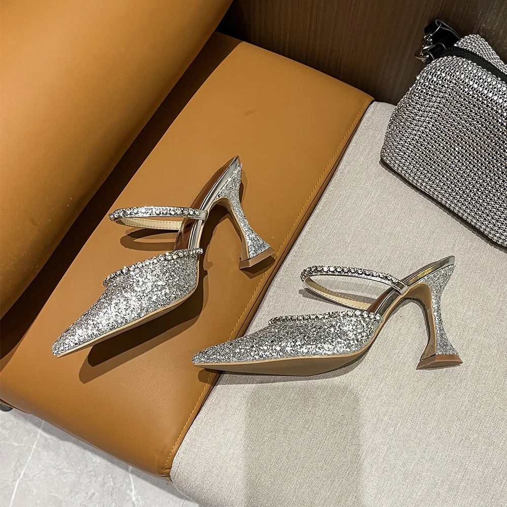 Spring and Summer New Pointed-toe Rhinestone Sequins Stiletto High-heeled Slippers Baotou Semi-trailed High-heeled Sandals Women